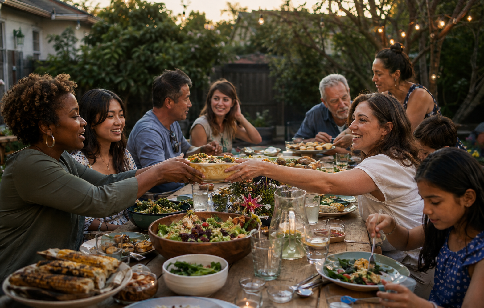 Neighbors sharing food around a backyard dinner table